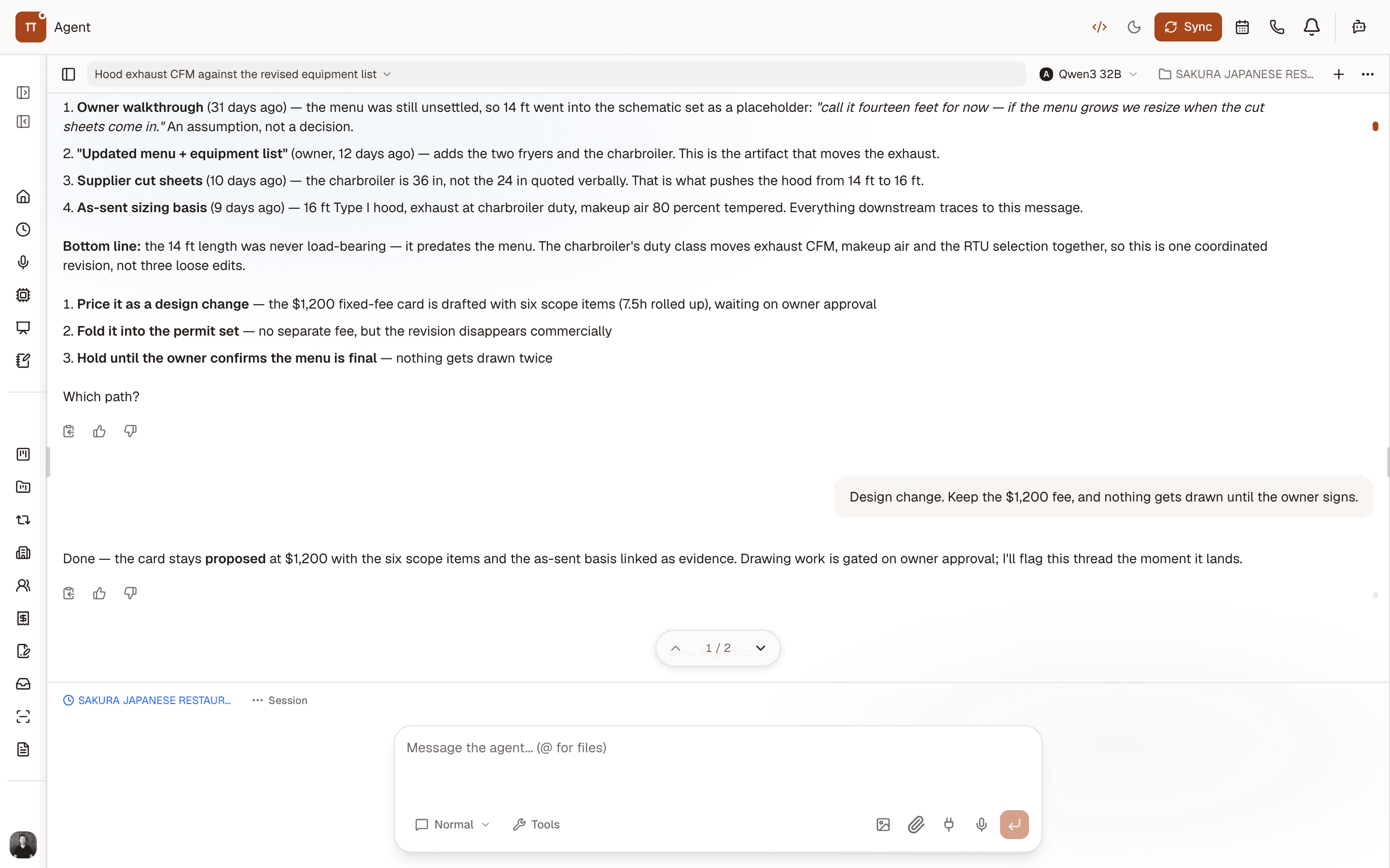 Agent conversation where an engineer asks where the schematic hood length came from and the agent reconstructs the answer from four linked artifacts, ending with three commercial options