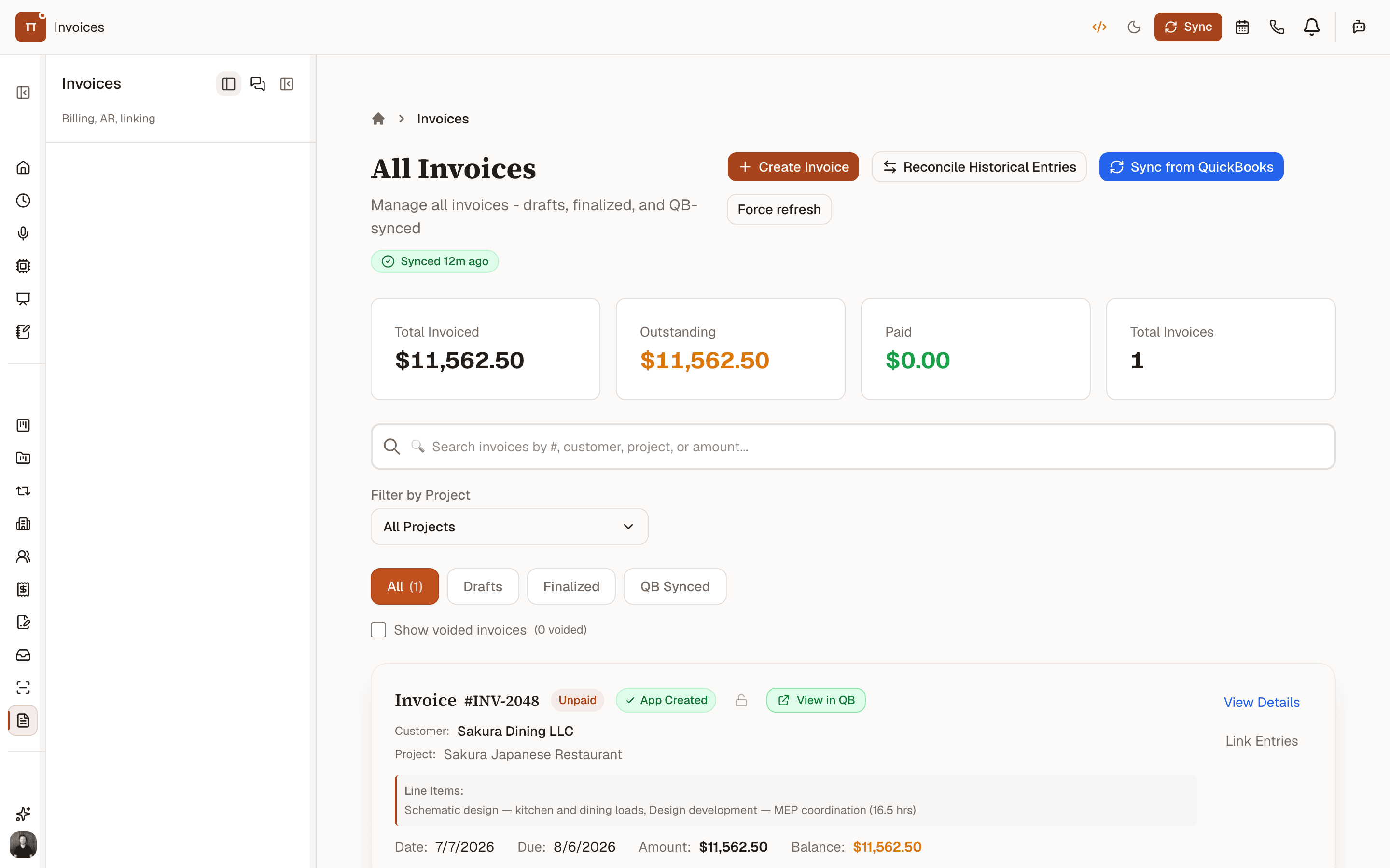 Invoices list showing a sent invoice with fixed-fee schematic design and hourly design-development lines