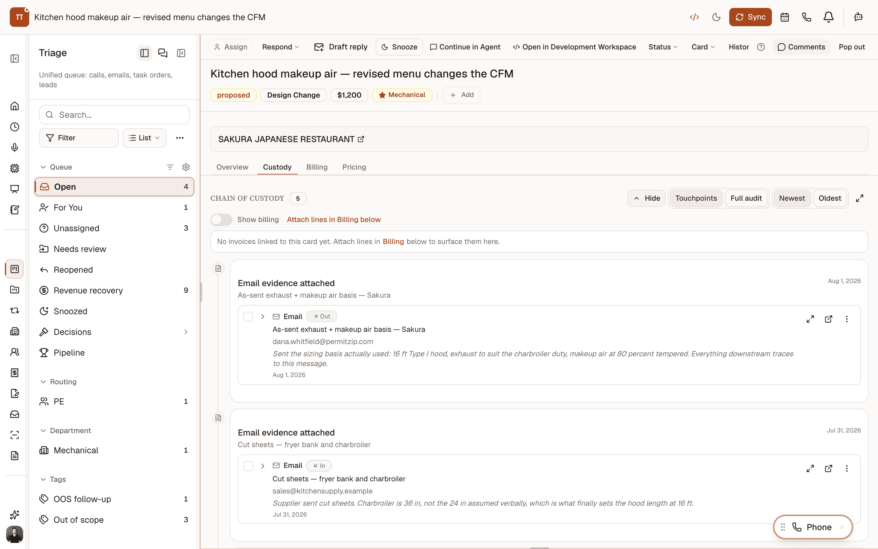 The same card open on the Chain of custody tab, with the walkthrough, menu revision, supplier cut sheets and as-sent sizing basis linked in order