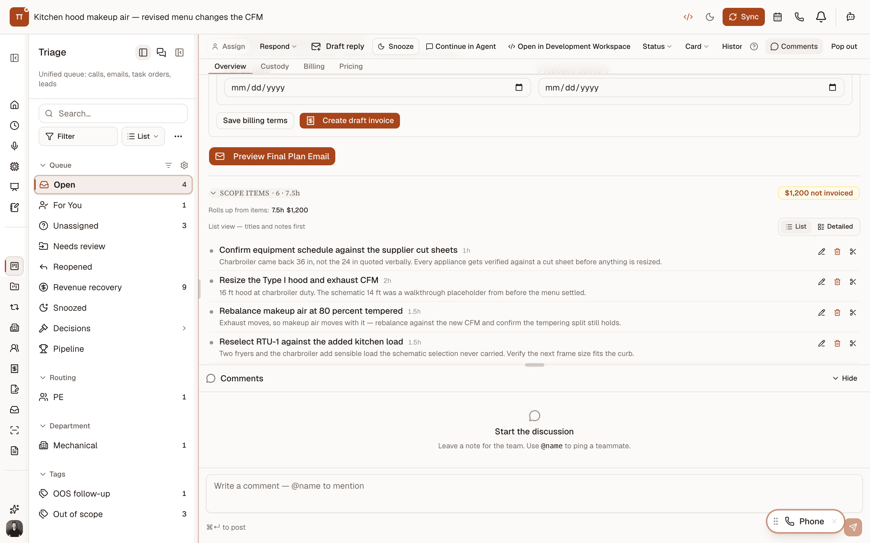 Task order for a kitchen hood design change, itemised into scope items that each carry their own hours and a note explaining why they exist, rolling up to the card's fee