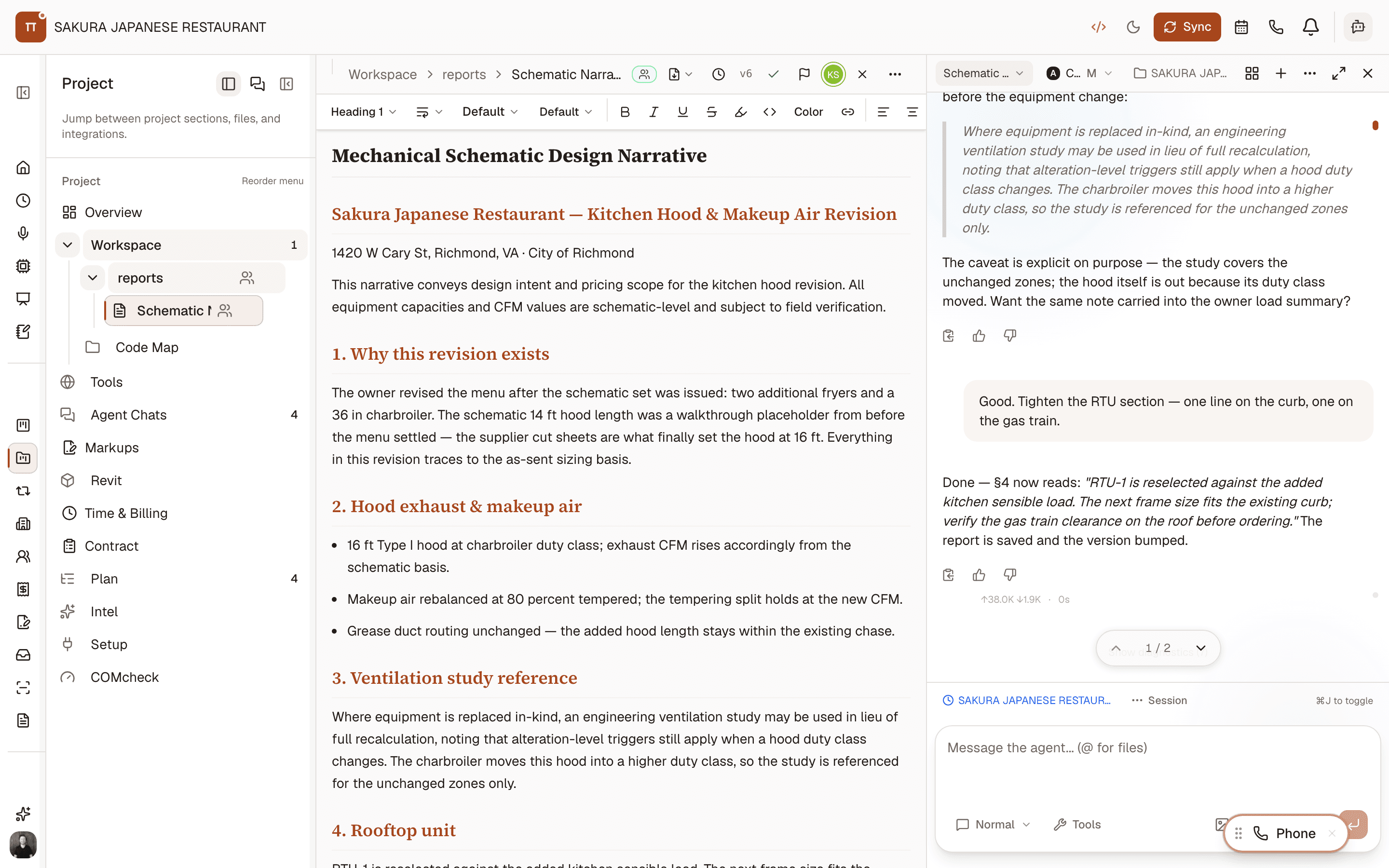 Project workspace with the navigator on the left, a mechanical schematic narrative report in the middle, and the agent docked on the right having just added a ventilation-study section